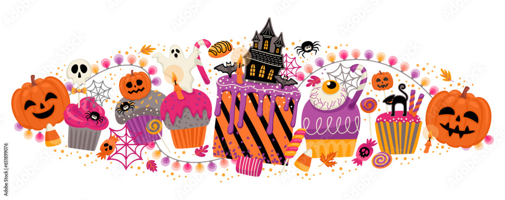 Fototapeta premium Halloween illustration. Decorated cupcakes, muffins, pastries sweets candies Vector template for banner, card, poster, web and other