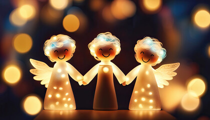 Cute christmas angels with lights and copy space