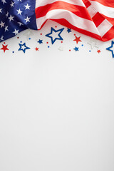 Labor Day USA: celebrate the national holiday. Top view vertical flat lay of american flag, confetti on white background with empty space for advert or text