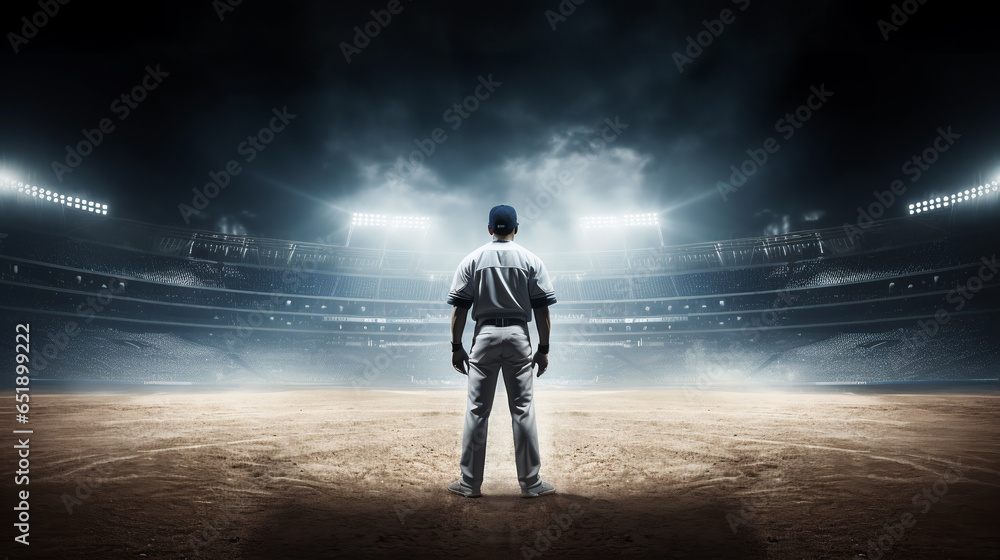 baseball player standing ready in the middle of baseball arena stadium. ai generative baseball player standing ready in the middle of baseball arena stadium. ai generative