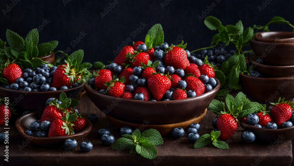 Fresh strawberries, blueberries, mint leaves on a dark background Fresh strawberries, blueberries, mint leaves on a dark background