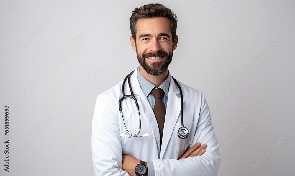 Young man in Doctor uniform with stethoscope on white background. Young man in Doctor uniform with stethoscope on white background.