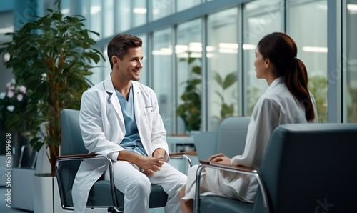 Two doctors talking while sitting in medical office interior