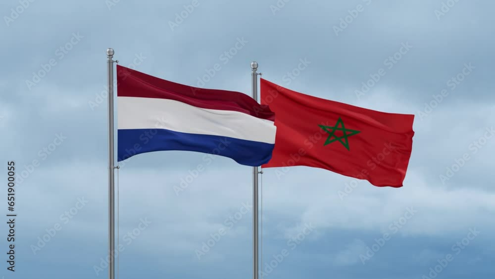 Morocco flag and Netherlands flag waving together on cloudy sky, endless seamless loop, two country relations concept Morocco flag and Netherlands flag waving together on cloudy sky, endless seamless loop, two country relations concept