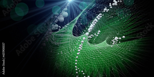 Obraz na plátně Abstract  background twisting wireframe green  grid from spheres and light
