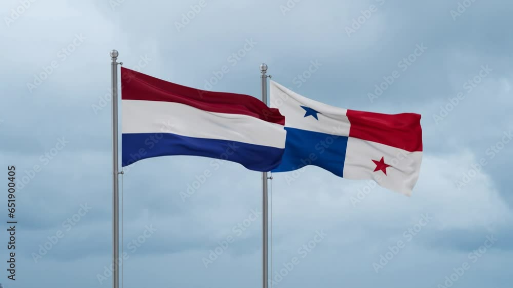 Panama flag and Netherlands flag waving together on cloudy sky, endless seamless loop, two country relations concept Panama flag and Netherlands flag waving together on cloudy sky, endless seamless loop, two country relations concept