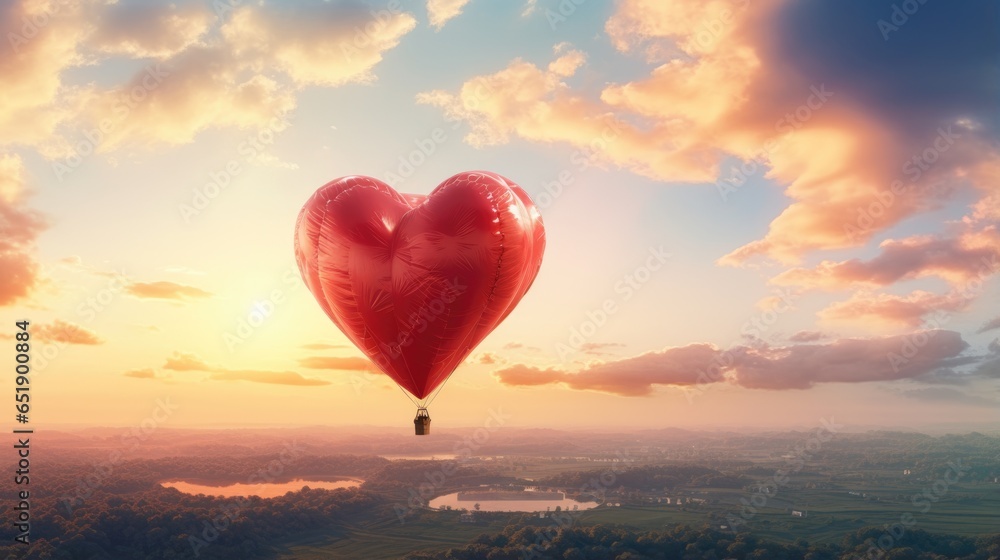 Fototapeta premium Red heart-shaped balloon in the sky. 3D rendering.