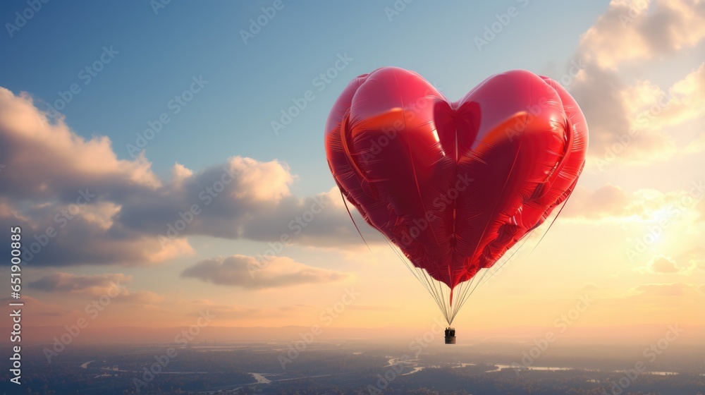 Obraz premium Red heart-shaped balloon in the sky. 3D rendering.