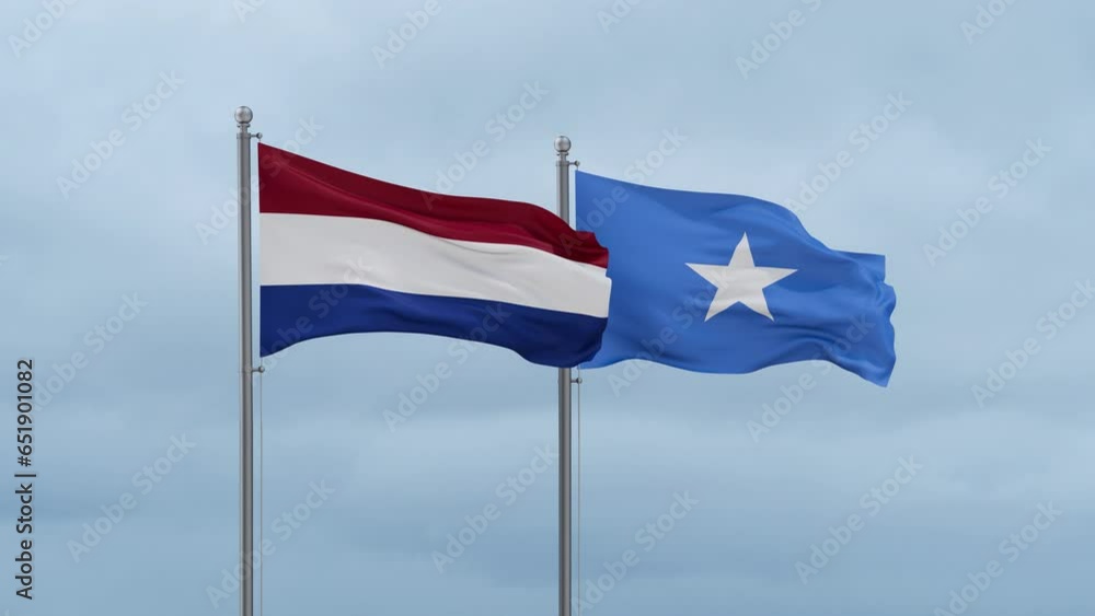 Somalia and Netherlands flag waving together on cloudy sky, endless seamless loop, two country cooperation concept Somalia and Netherlands flag waving together on cloudy sky, endless seamless loop, two country cooperation concept