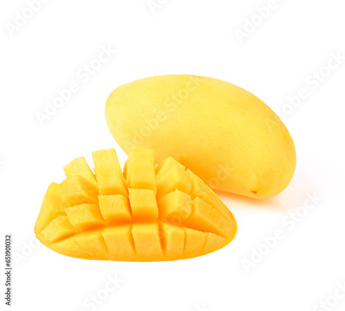 Ripe yellow Mangoes with cut half in cubes on white background.