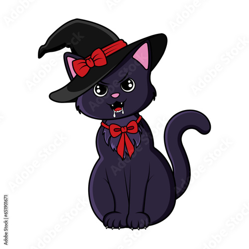Adorable Halloween cartoon kitty cat with witch hat and bow. Isolated vector illustration