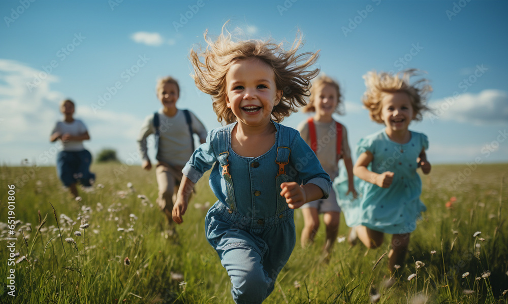 Group of happy little kids running on green summer field with Blue sky background.