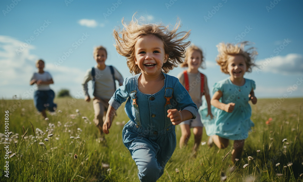 Group of happy little kids running on green summer field with Blue sky background. Group of happy little kids running on green summer field with Blue sky background.