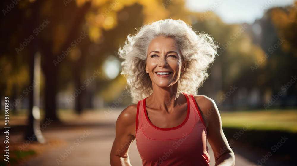 Happy senior woman wearing sports clothing jogging in the park, healthy retirement lifestyle Happy senior woman wearing sports clothing jogging in the park, healthy retirement lifestyle