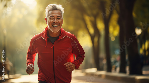 Active senior asian man is jogging in the park, healthy retirement lifestyle