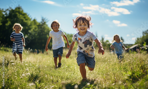 Group of happy little kids running on green summer field with Blue sky background.