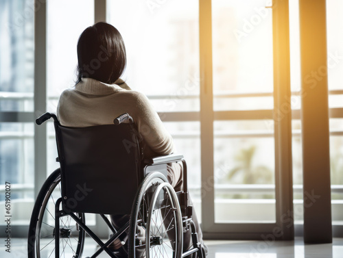 young woman in wheelchair facing hospital window, waiting for disease therapy in the hospital