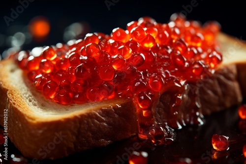 Red caviar on a toast close up delicious appetizer, detailed gourmet foods
