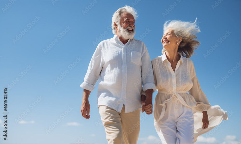 © Mangsaab - Happy senior couple walking and holding hand under blue sky. Retirement travel concept © Mangsaab - Happy senior couple walking and holding hand under blue sky. Retirement travel concept