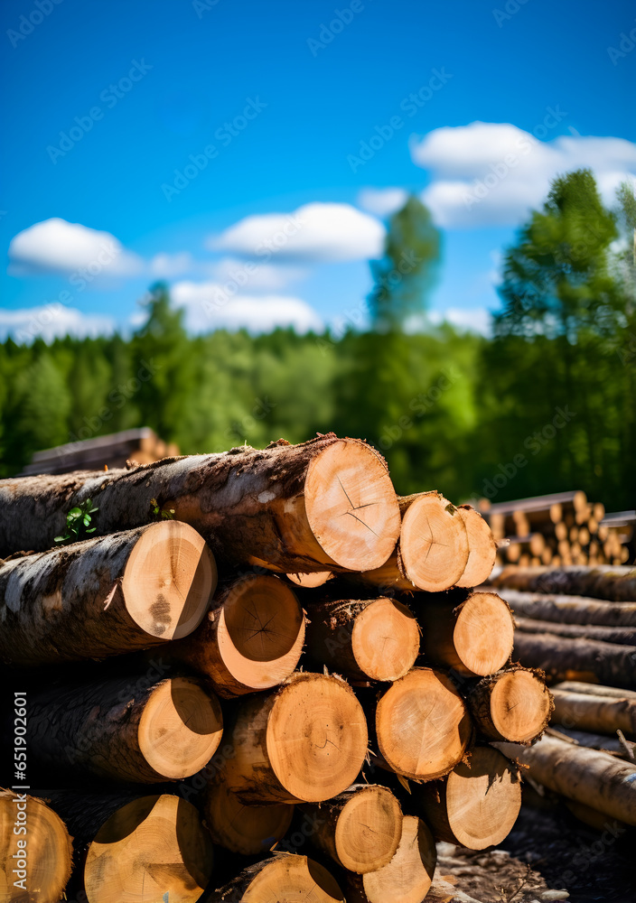 logging industry. Stack of logs close-up in front of green wood in summer. logging industry. Stack of logs close-up in front of green wood in summer.