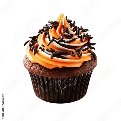fotografia realista de una magdalena o cupcake de chocolate con merengue de color naranja y virutas de chocolate photo