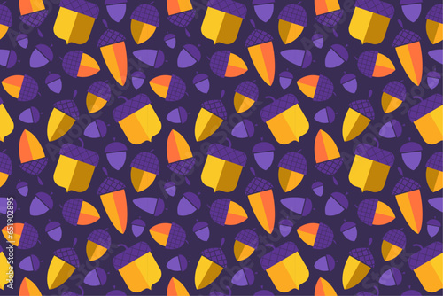 Orange and yellow oak acorn motif on purple background, Autumn seamless pattern in flat vector style