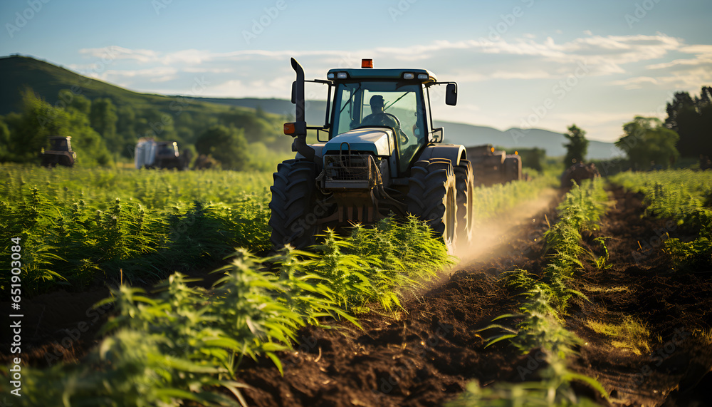 Agricultural tractor on field of cultivated cannabis, farming medical marijuana in countryside. - obrazy, fototapety, plakaty 