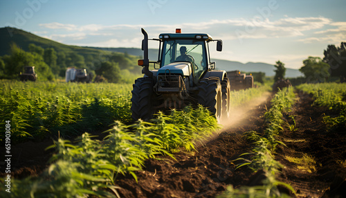 Agricultural tractor on field of cultivated cannabis, farming medical marijuana in countryside.