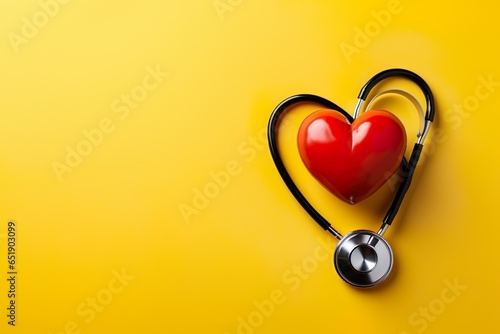Stethoscope and red heart on yellow background. Cardiology concept