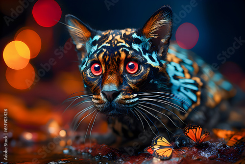 Creative portrait of colorful leopard with red eyes on black orange background with blurred lights. Leopard and butterflies. Art picture of wild animals.