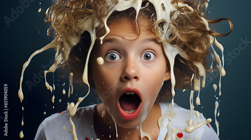 The girl is surprised that milk was poured on her head. photo