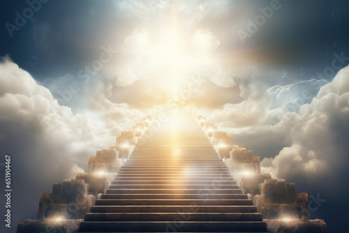 eine Treppe in mitten von Wolken die zum Himmel führt, a staircase in the middle of clouds leading to the sky