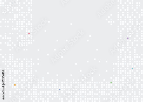 Pixelated background. Decay effect. Dispersed dotted pattern. Concept of disintegration. Pixel mosaic textures with simple square particles. Vector illustration on grey background.