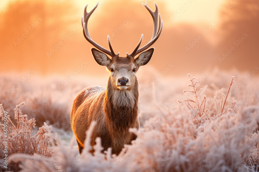 Red deer on frosted grass field on floor in winter season with beautiful morning light background. Red deer on frosted grass field on floor in winter season with beautiful morning light background.