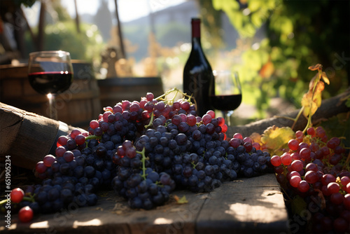 Wine and grapes on a rustic background outdoors close ups