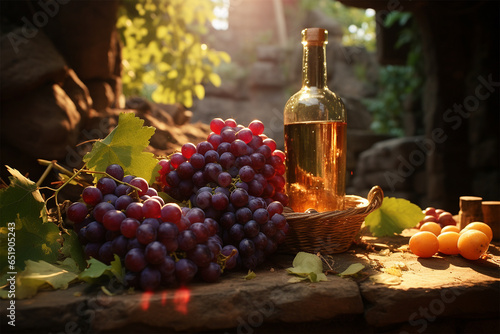 Wine and grapes on a rustic background outdoors close ups