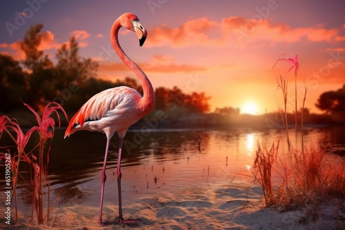 Flamingo bird at sunset lake beautiful background, tropic sunsets