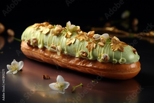 Eclair close up french bakery, fresh pastry with decors