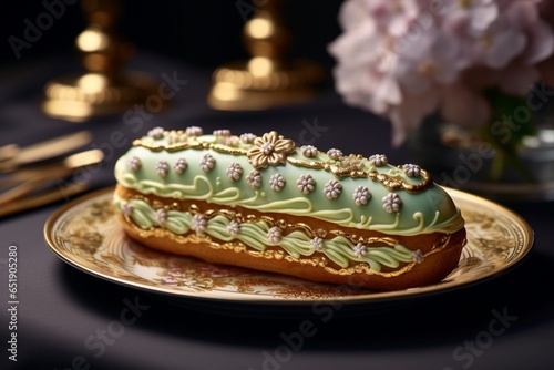 Eclair close up french bakery, fresh pastry with decors