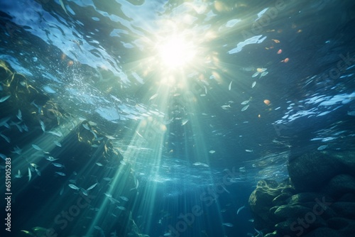 Underwater deep blue sea with rays of sun, oceam bottom backgrounds