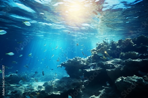 Underwater deep blue sea with rays of sun, oceam bottom backgrounds