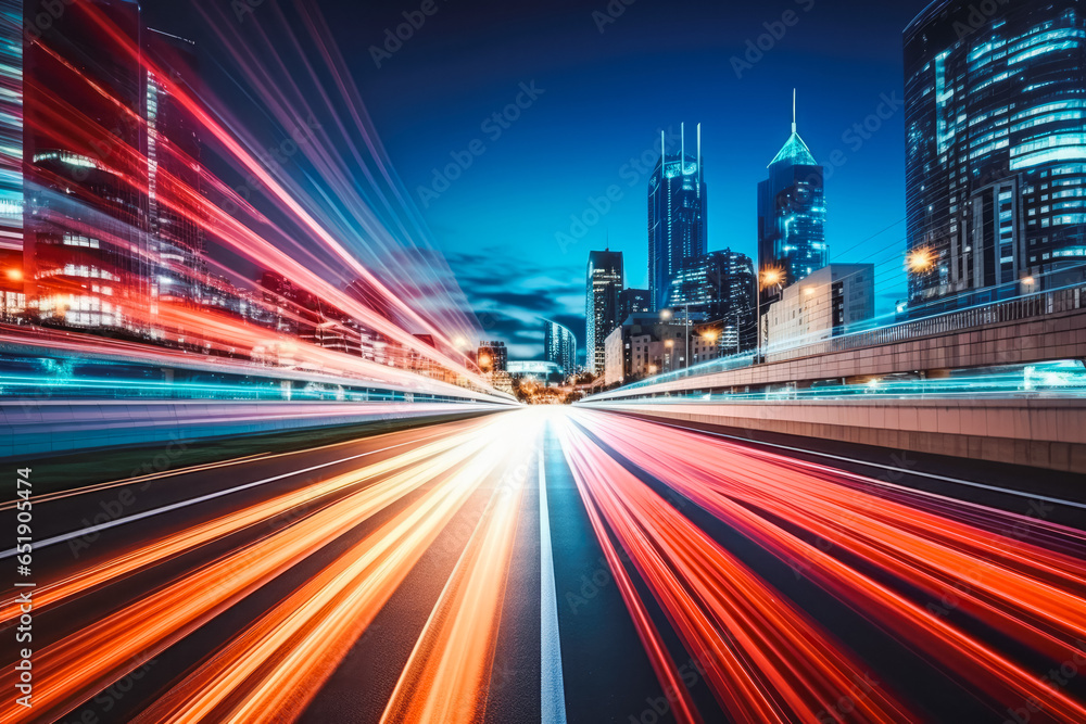 Fototapeta premium Abstract long exposure dynamic speed light trails in city street. Skyscrapers in background, night sky.