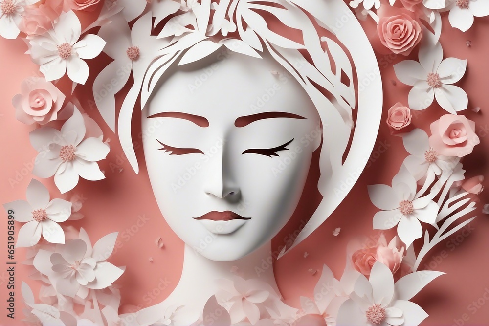 Illustration of face and flowers style paper cut with copy space for international womens day