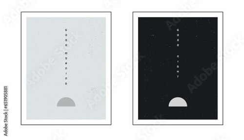 Good morning, Good night wall poster set. Sunset, sunrise wth hieroglyph style sign. Minimalism, modern art. Vector, flat, monochrome design. Textured, printable decor.