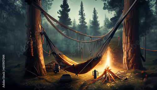 AI generated photo of bushcraft camp in a dense forest in alaska or canada during the evening with a campfire