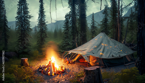 AI generated photo of bushcraft camp in a dense forest in alaska or canada during the evening with a campfire photo