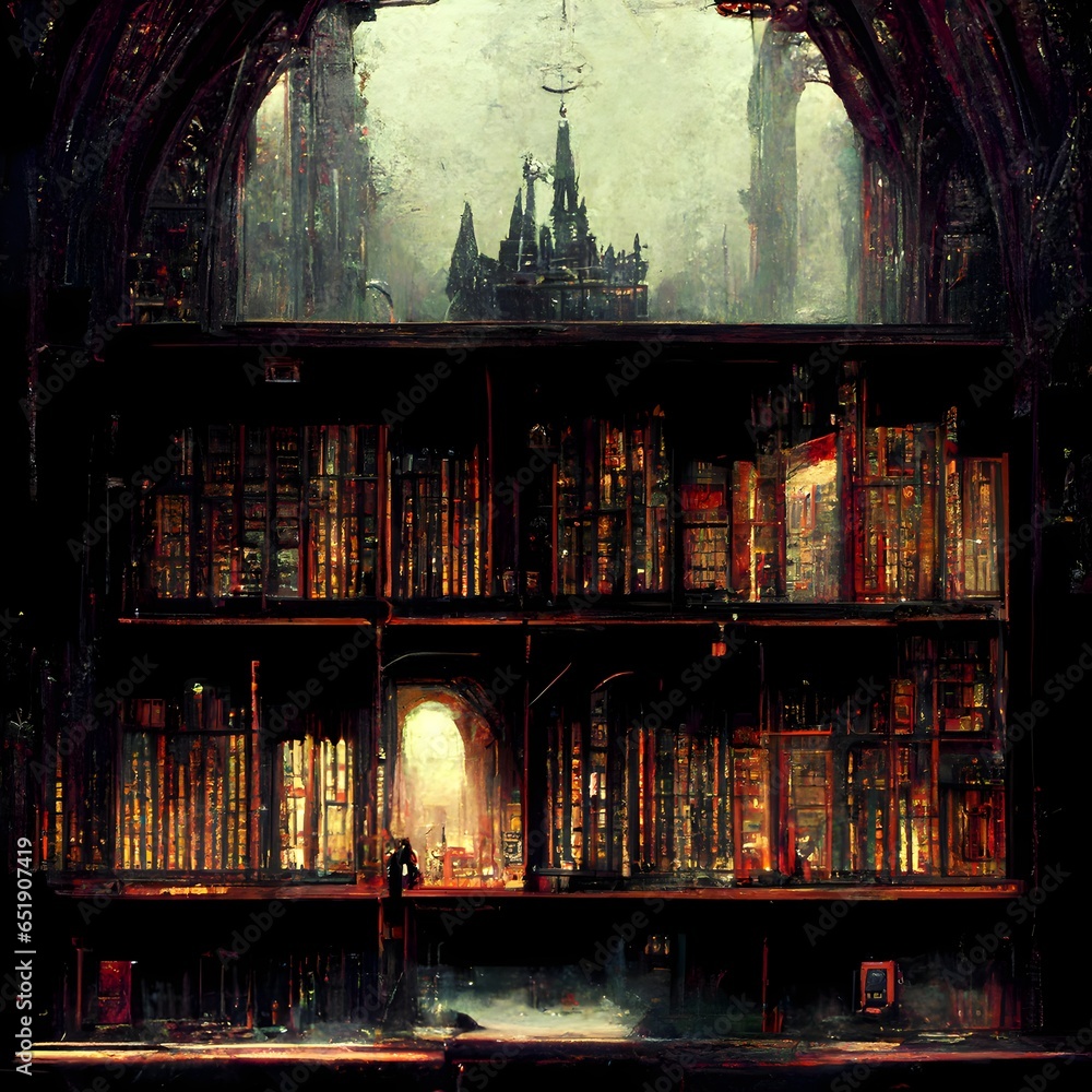 Gothic punk A library with huge bookshelves Magic leaks out and the atmosphere is dangerous ar169 