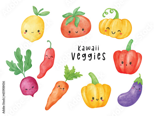 Kawaii Watercolor Vegetable Characters Collection. Cute and Colorful Illustrations
