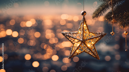 Christmas tree star ornament and blurred cityscape with light bokeh, Christmas background.