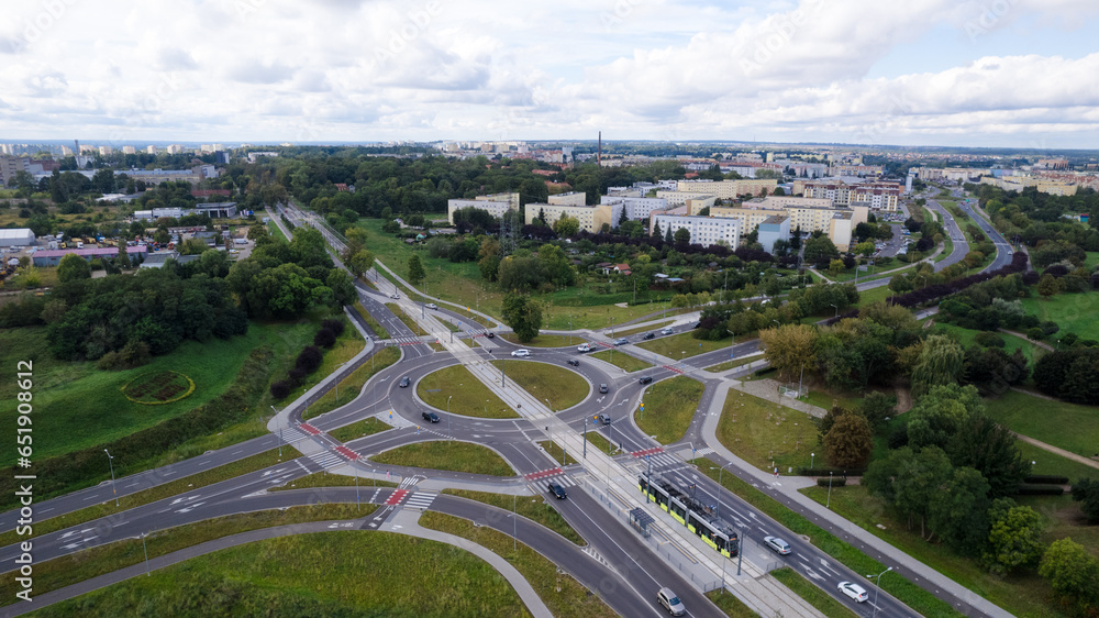 A bird's-eye view of Gorzów Wielkopolski reveals the Gdańskie Roundabout
